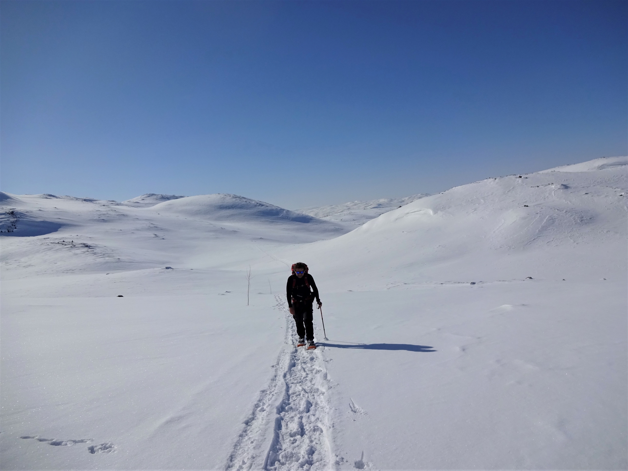 Eenzame hiker op weg naar DNT-hut in Noorwegen.