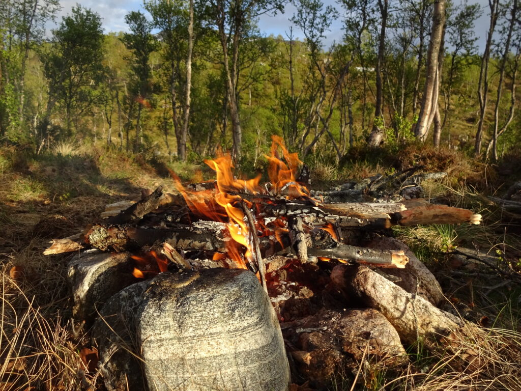 Vuur maken met berkenschors is bushcraft tijdens een trekking.