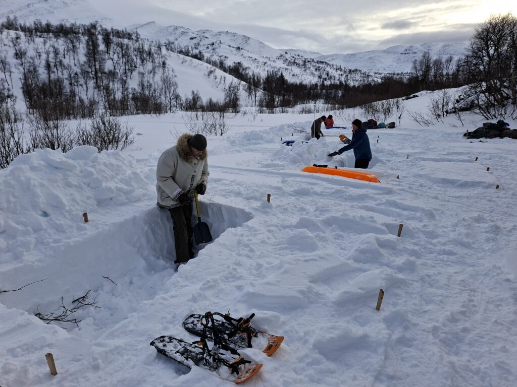 Cursisten werken aan een noodshelter voor een sneeuwstorm
